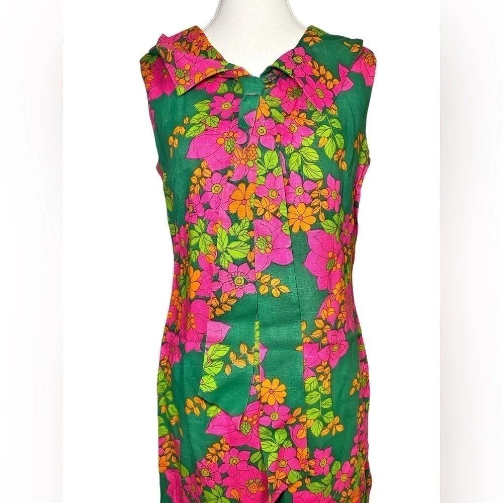 Lee Holliday Kelly Green, Pink, Orange, & Green Floral Print Midi Shift Dress